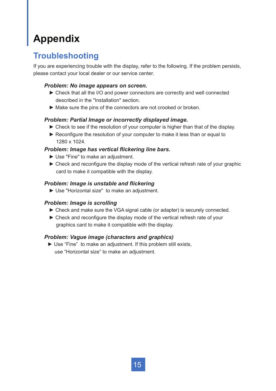 Appendix, Troubleshooting | Planar Systems PT1945R 19" Single-Touch Specialty Monitor User Manual | Page 20 / 33
