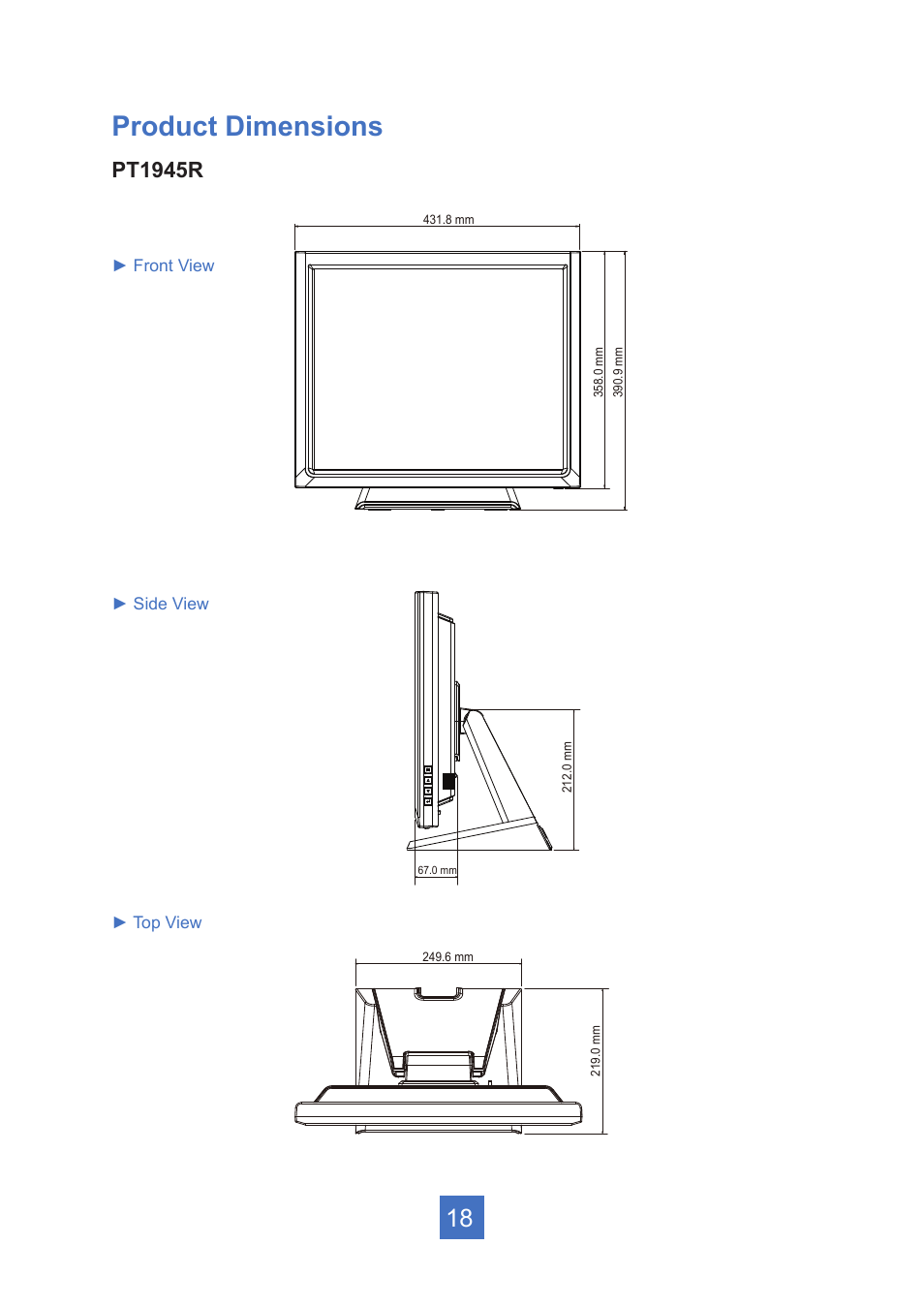Product dimensions, Pt1945r | Planar Systems PT1945R 19" Single-Touch Specialty Monitor User Manual | Page 23 / 33