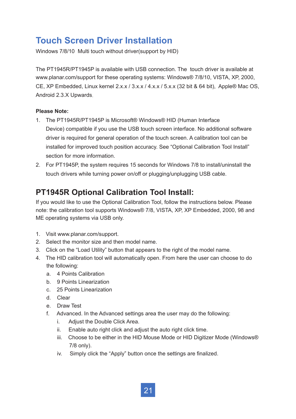 Touch screen driver installation, Pt1945r optional calibration tool install | Planar Systems PT1945R 19" Single-Touch Specialty Monitor User Manual | Page 26 / 33