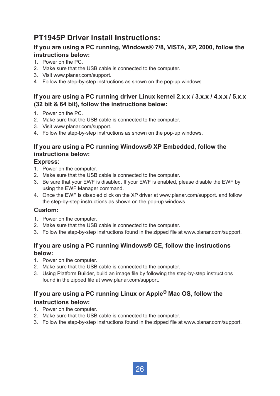 Pt1945p driver install instructions | Planar Systems PT1945R 19" Single-Touch Specialty Monitor User Manual | Page 31 / 33