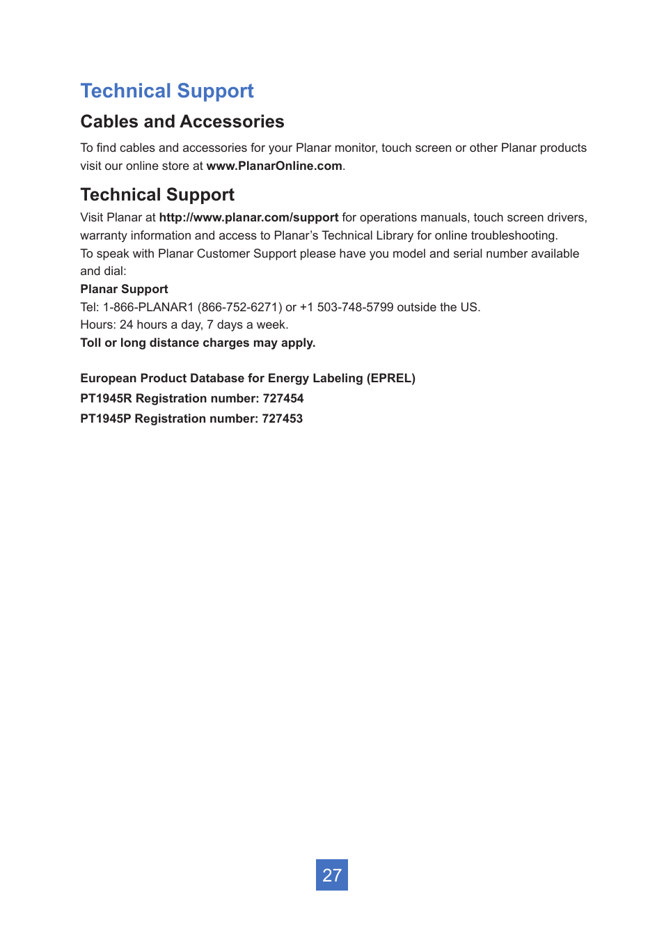 Technical support, Cables and accessories | Planar Systems PT1945R 19" Single-Touch Specialty Monitor User Manual | Page 32 / 33