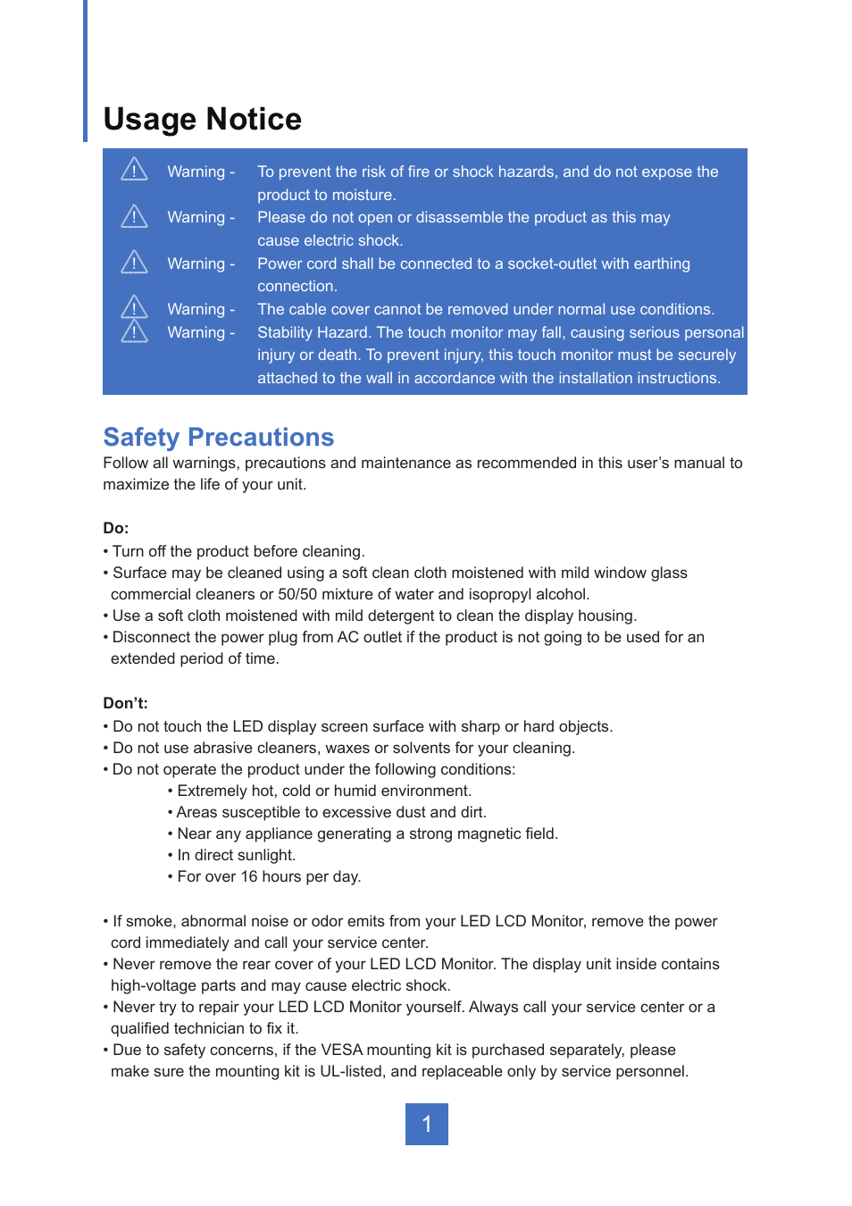 Usage notice, Safety precautions | Planar Systems PT1945R 19" Single-Touch Specialty Monitor User Manual | Page 6 / 33