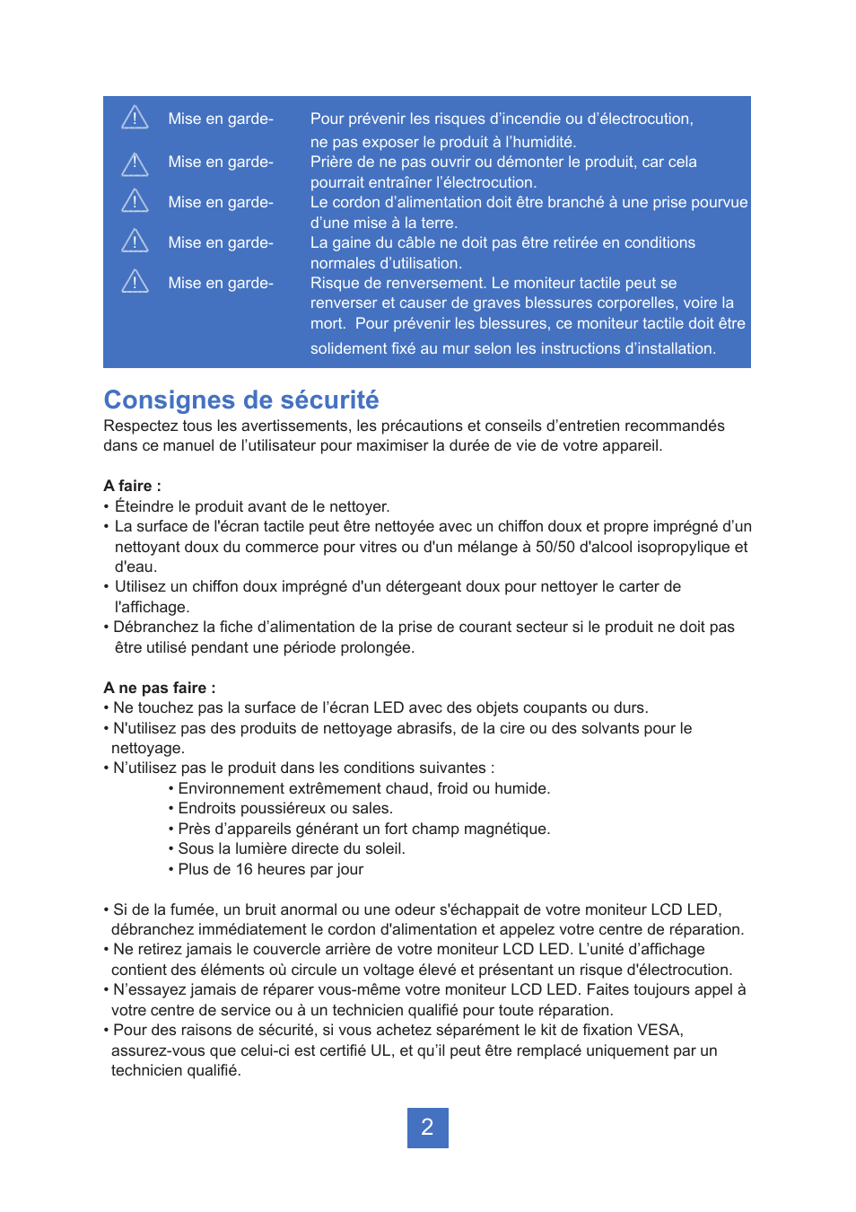 Consignes de sécurité | Planar Systems PT1945R 19" Single-Touch Specialty Monitor User Manual | Page 7 / 33