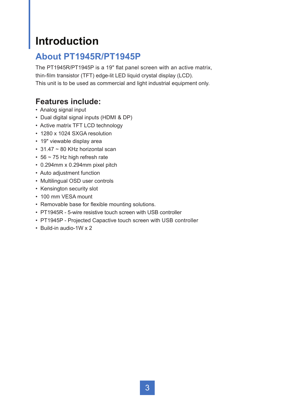 Introduction | Planar Systems PT1945R 19" Single-Touch Specialty Monitor User Manual | Page 8 / 33