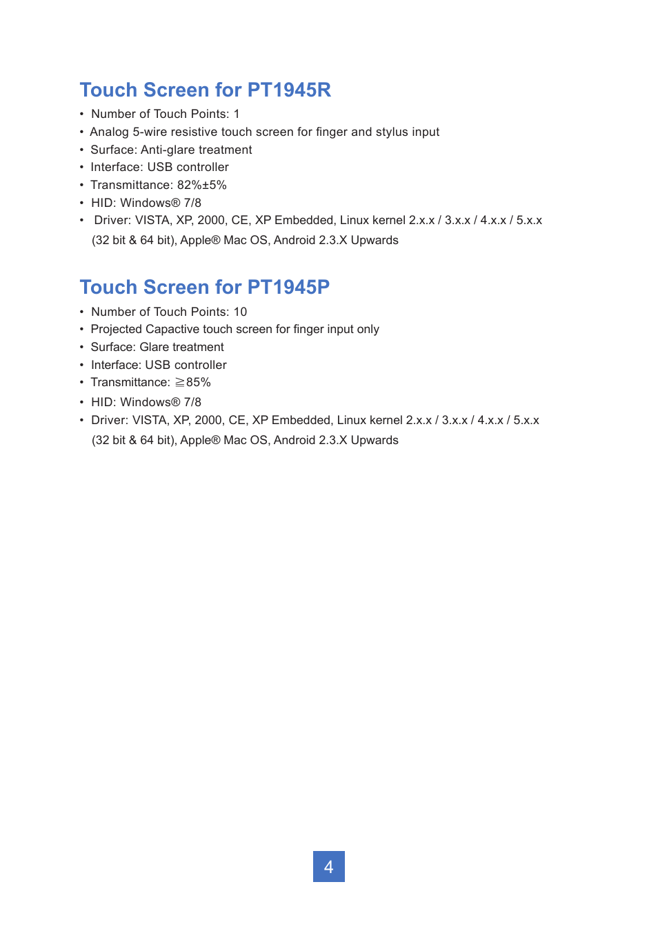 Touch screen for pt1945r, Touch screen for pt1945p | Planar Systems PT1945R 19" Single-Touch Specialty Monitor User Manual | Page 9 / 33