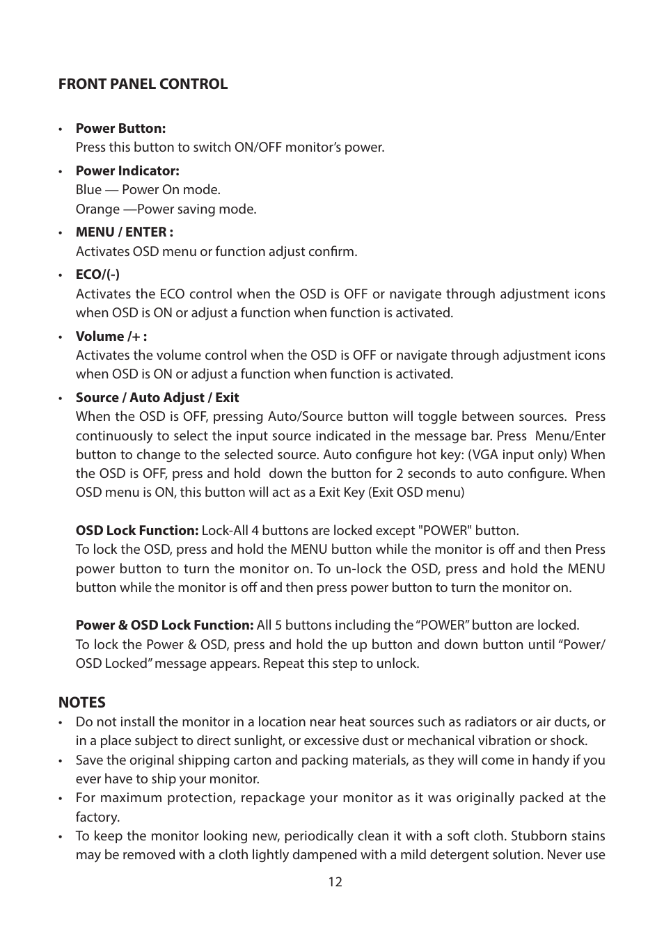 Front panel control | Planar Systems Helium PCT2265 21.5" Multi-Touch Monitor User Manual | Page 13 / 28