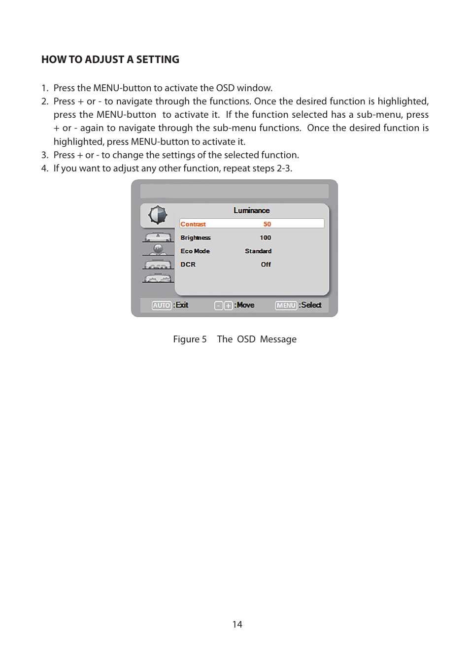 How to adjust a setting | Planar Systems Helium PCT2265 21.5" Multi-Touch Monitor User Manual | Page 15 / 28