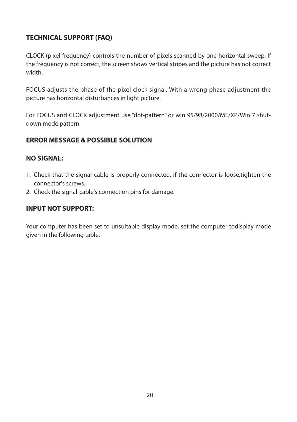 Technical support (faq), Error message & possible solution | Planar Systems Helium PCT2265 21.5" Multi-Touch Monitor User Manual | Page 21 / 28