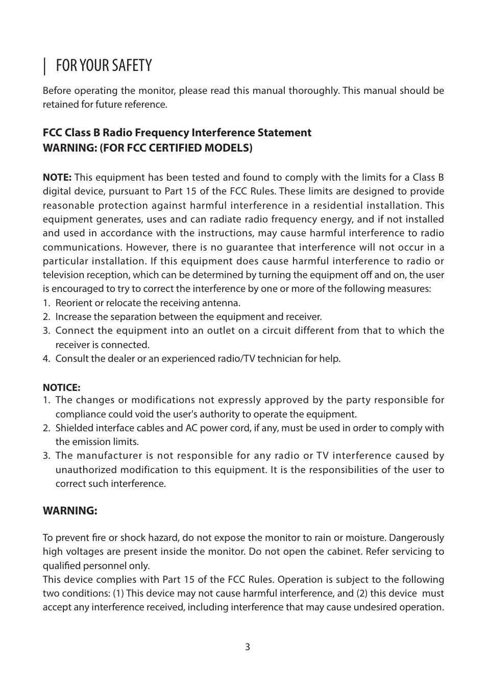 For your safety | Planar Systems Helium PCT2265 21.5" Multi-Touch Monitor User Manual | Page 4 / 28