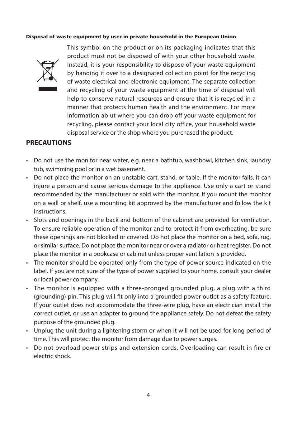 Precautions | Planar Systems Helium PCT2265 21.5" Multi-Touch Monitor User Manual | Page 5 / 28