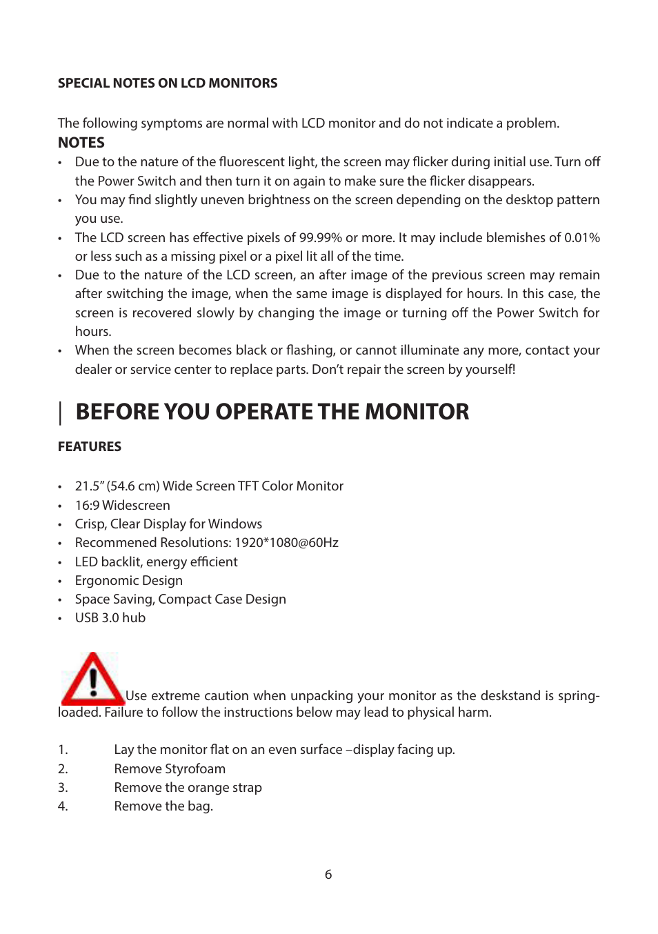 Special notes on lcd monitors, Before you operate the monitor, Features | Planar Systems Helium PCT2265 21.5" Multi-Touch Monitor User Manual | Page 7 / 28