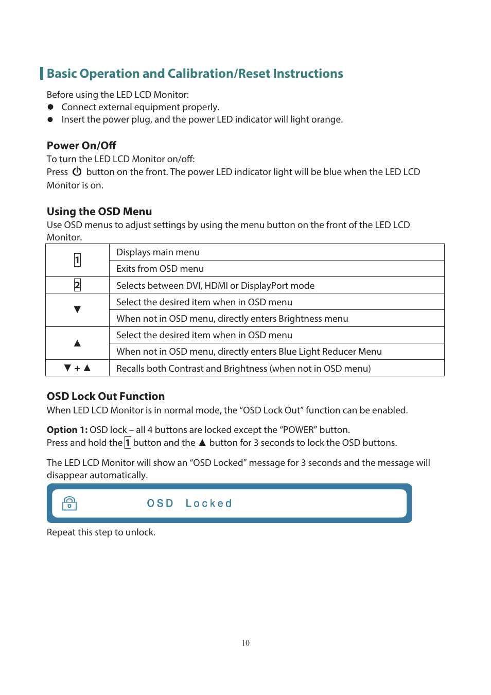 Basic operation and calibration/reset instructions | Planar Systems PXL3280W 31.5" 16:9 QHD IPS Monitor User Manual | Page 12 / 22