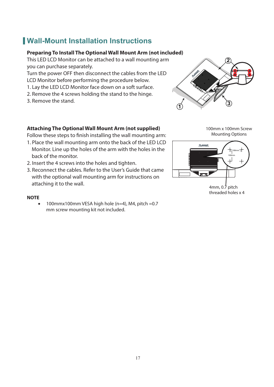 Wall-mount installation instructions | Planar Systems PXL3280W 31.5" 16:9 QHD IPS Monitor User Manual | Page 19 / 22