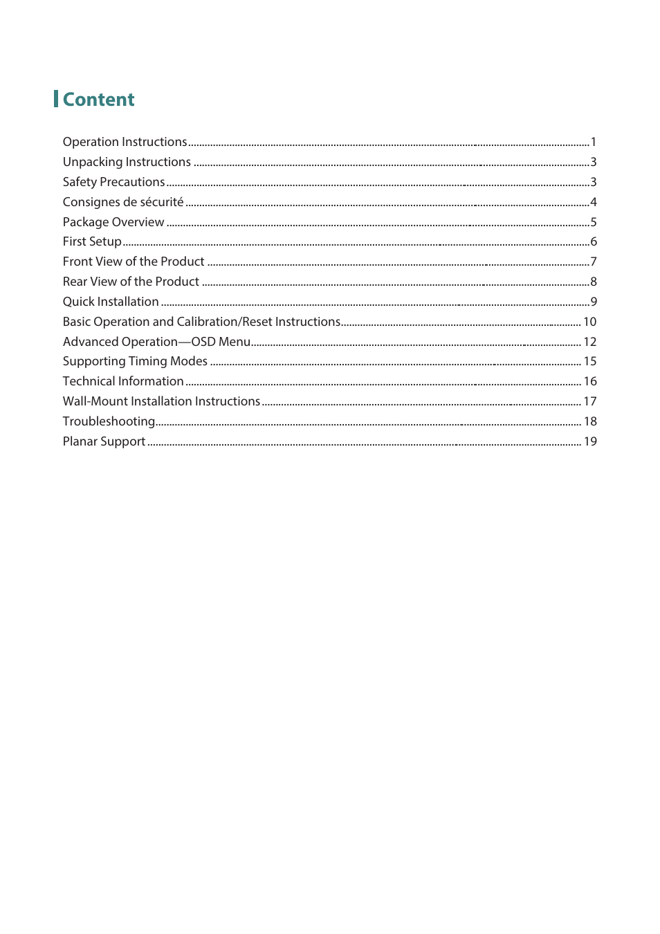 Content | Planar Systems PXL3280W 31.5" 16:9 QHD IPS Monitor User Manual | Page 2 / 22