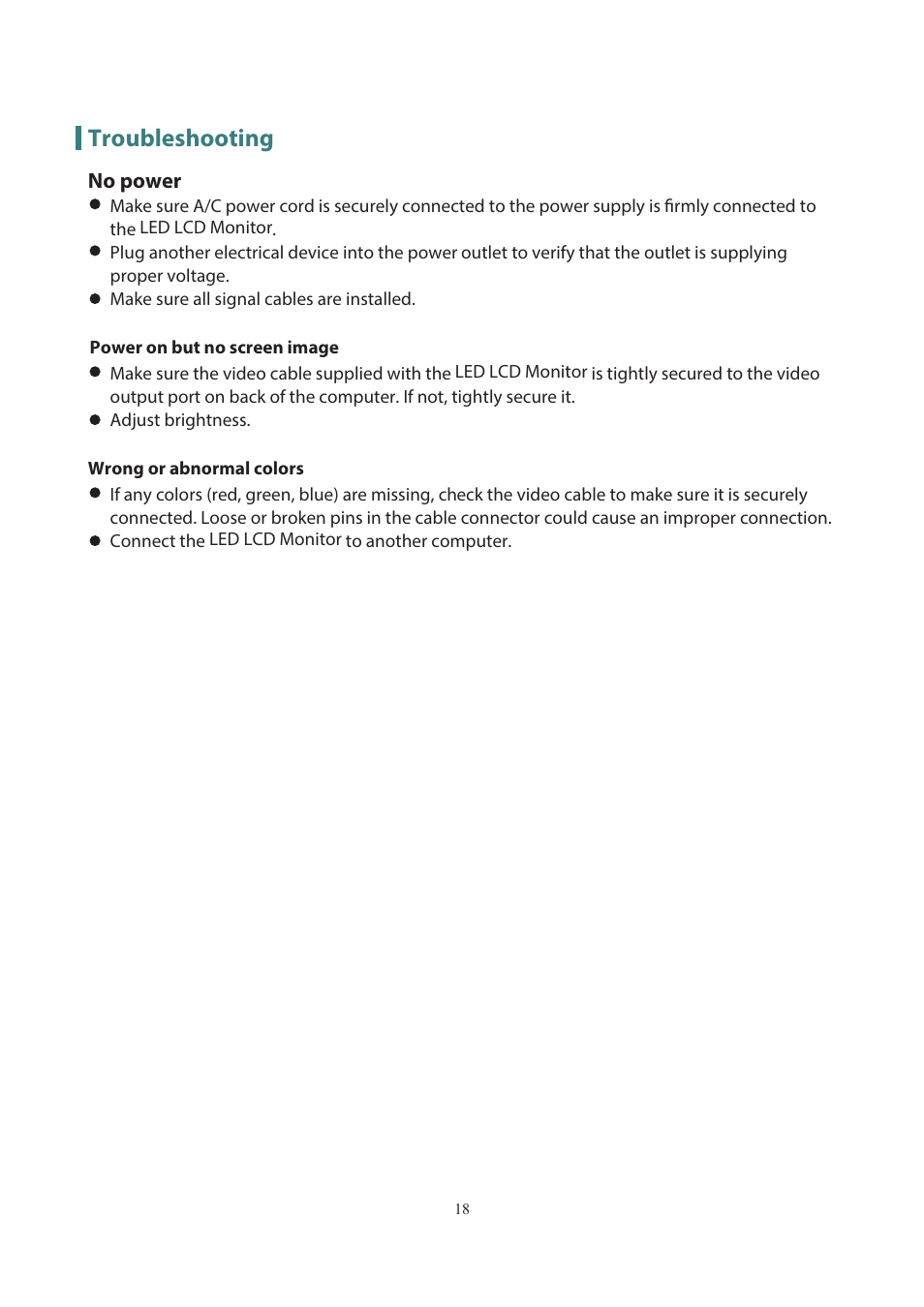 Troubleshooting | Planar Systems PXL3280W 31.5" 16:9 QHD IPS Monitor User Manual | Page 20 / 22