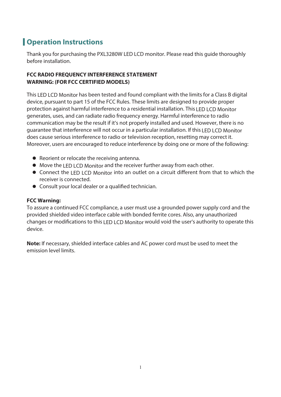 Operation instructions | Planar Systems PXL3280W 31.5" 16:9 QHD IPS Monitor User Manual | Page 3 / 22