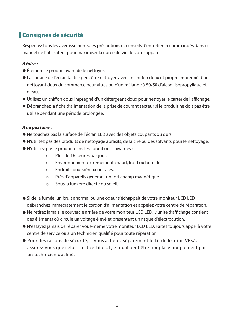 Consignes de sécurité | Planar Systems PXL3280W 31.5" 16:9 QHD IPS Monitor User Manual | Page 6 / 22