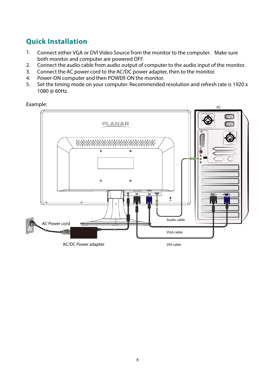 Quick installation | Planar Systems PLL2210MW-WH 21.5" 16:9 LCD Monitor (White) User Manual | Page 10 / 21