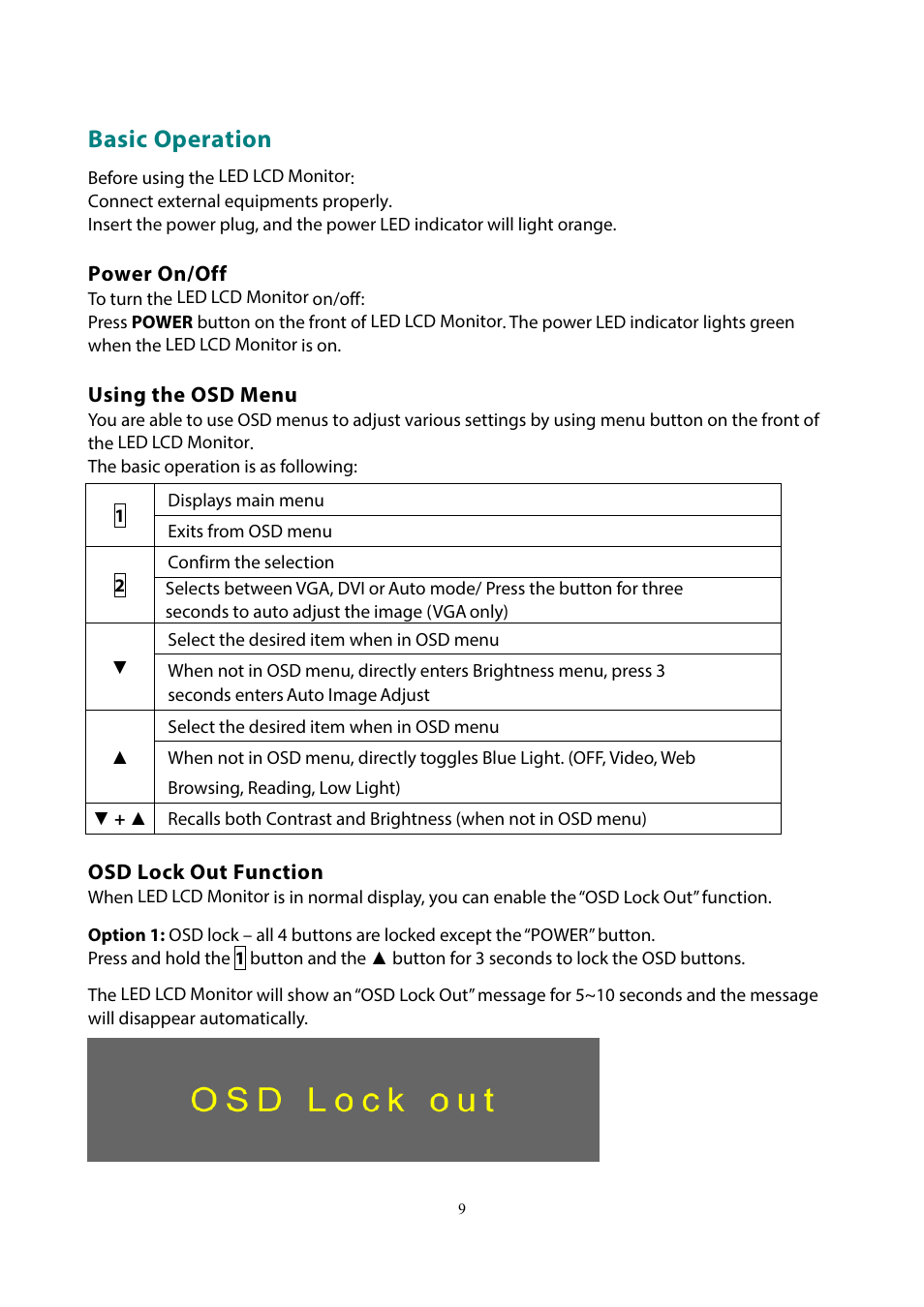 Basic operation | Planar Systems PLL2210MW-WH 21.5" 16:9 LCD Monitor (White) User Manual | Page 11 / 21