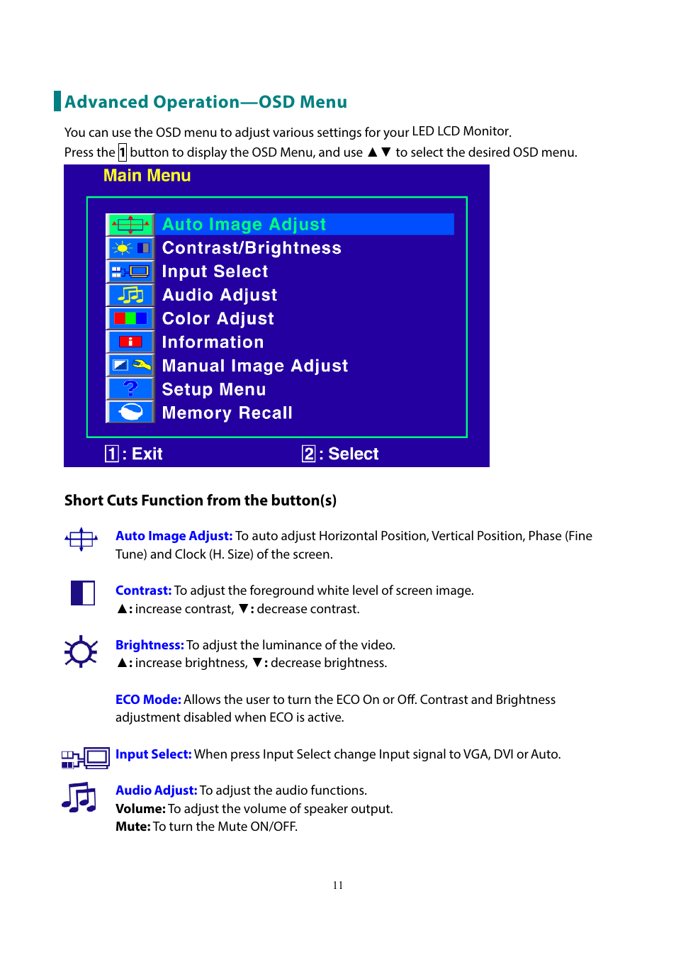 Advanced operation—osd menu | Planar Systems PLL2210MW-WH 21.5" 16:9 LCD Monitor (White) User Manual | Page 13 / 21