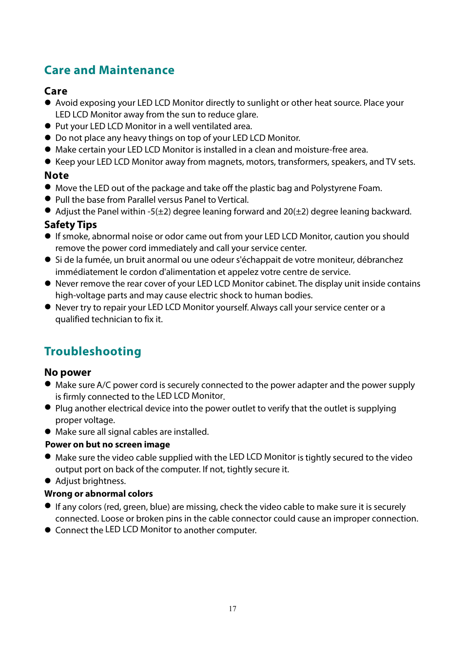 Care and maintenance, Troubleshooting | Planar Systems PLL2210MW-WH 21.5" 16:9 LCD Monitor (White) User Manual | Page 19 / 21