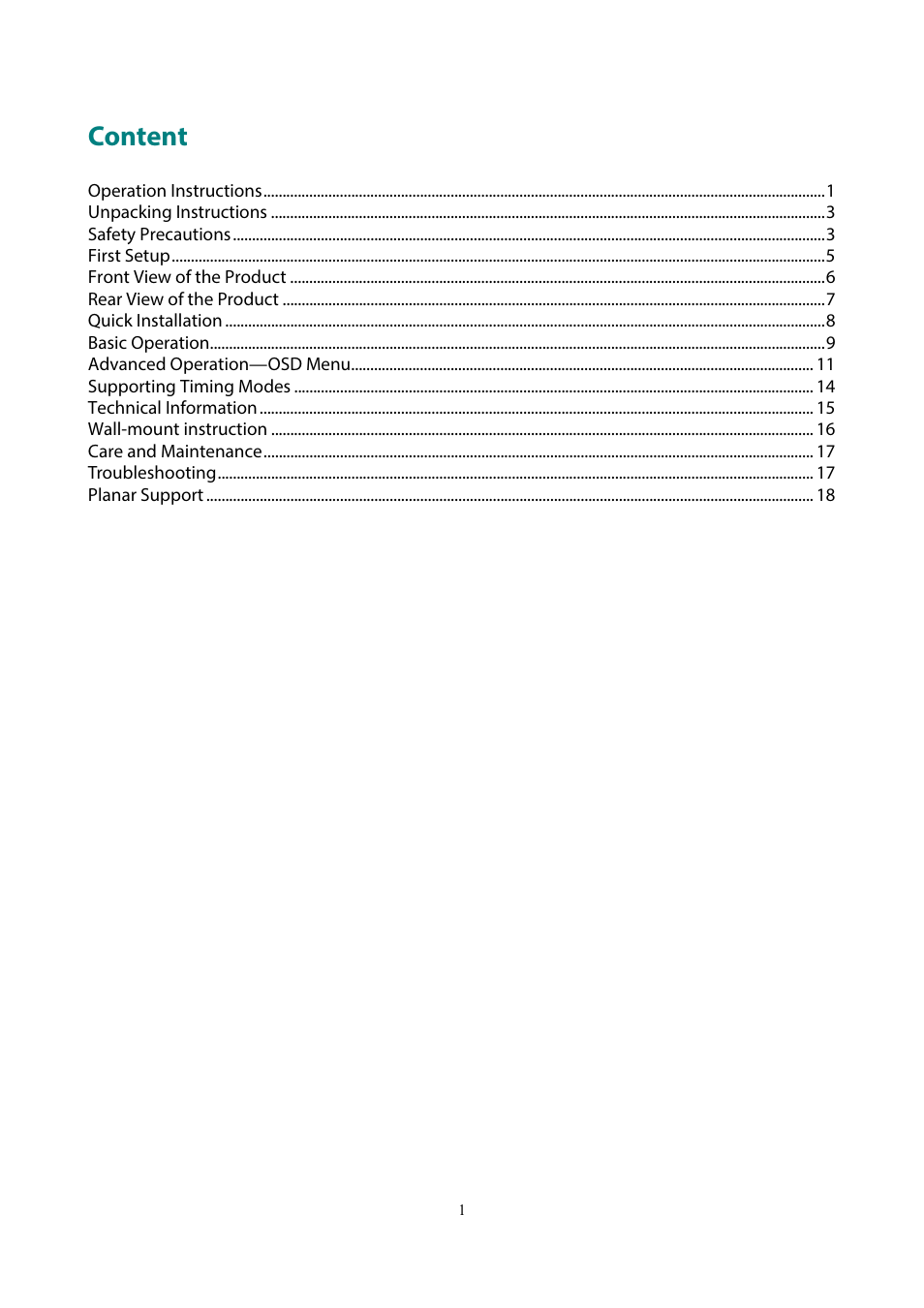 Content | Planar Systems PLL2210MW-WH 21.5" 16:9 LCD Monitor (White) User Manual | Page 2 / 21