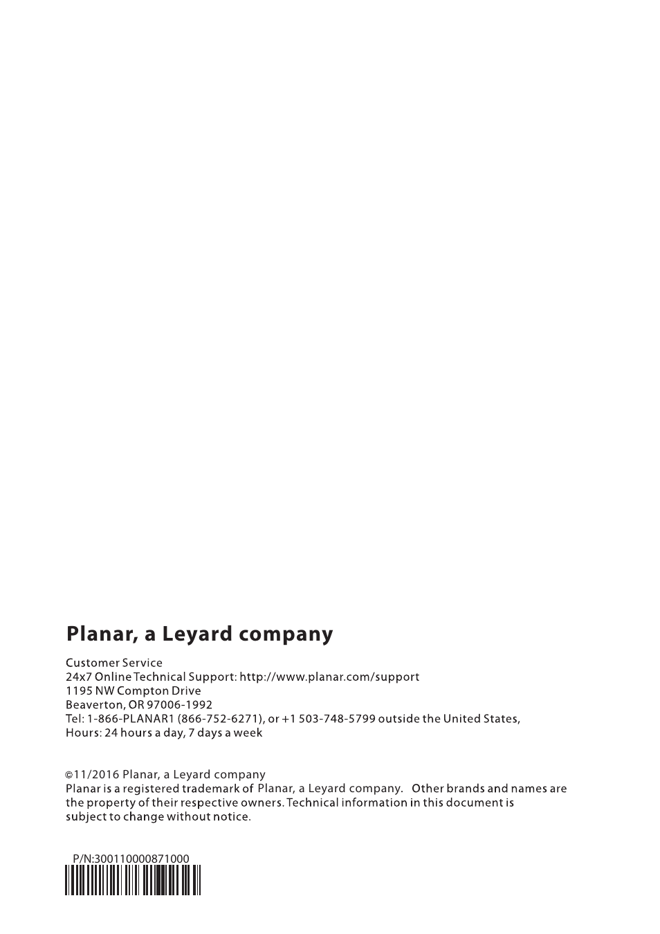 Planar, a leyard company | Planar Systems PLL2210MW-WH 21.5" 16:9 LCD Monitor (White) User Manual | Page 21 / 21