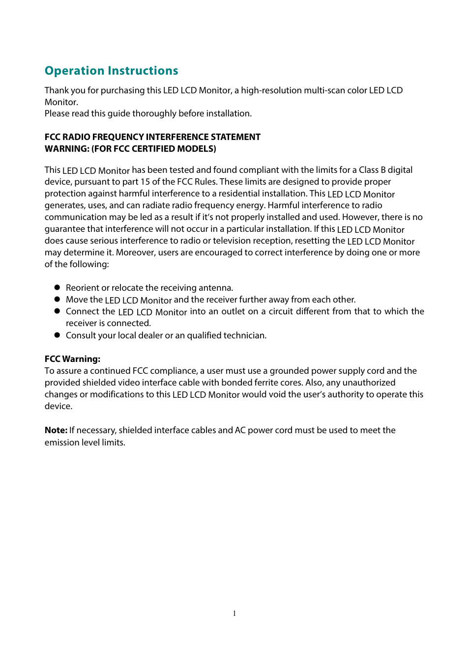 Operation instructions | Planar Systems PLL2210MW-WH 21.5" 16:9 LCD Monitor (White) User Manual | Page 3 / 21