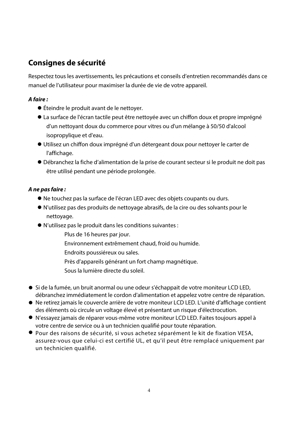 Consignes de sécurité | Planar Systems PLL2210MW-WH 21.5" 16:9 LCD Monitor (White) User Manual | Page 6 / 21