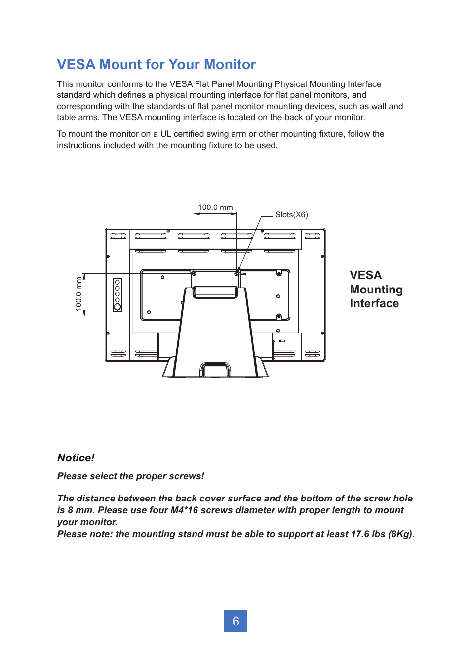 Vesa mount for your monitor, Vesa mounting interface | Planar Systems PT2245PW 21.5" Multi-Touch Specialty Monitor User Manual | Page 11 / 29