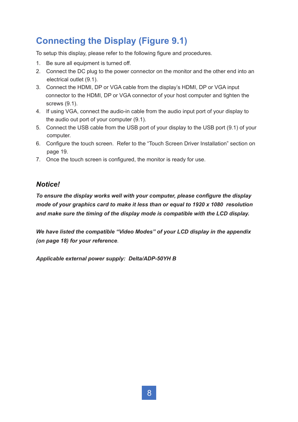 Connecting the display (figure 9.1), Notice | Planar Systems PT2245PW 21.5" Multi-Touch Specialty Monitor User Manual | Page 13 / 29