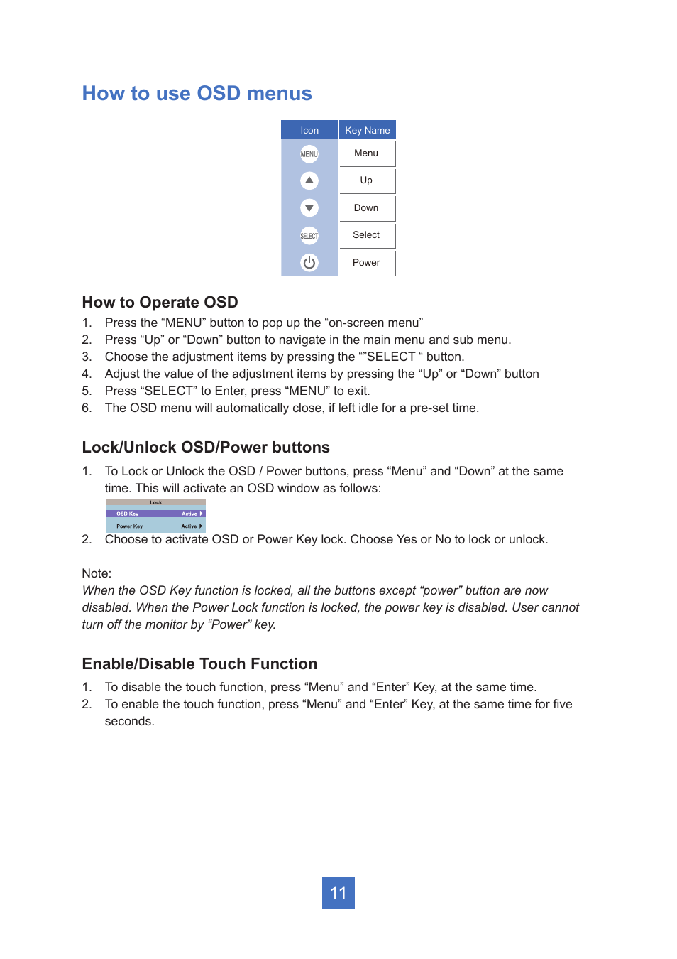 How to use osd menus, How to operate osd, Lock/unlock osd/power buttons | Enable/disable touch function | Planar Systems PT2245PW 21.5" Multi-Touch Specialty Monitor User Manual | Page 16 / 29