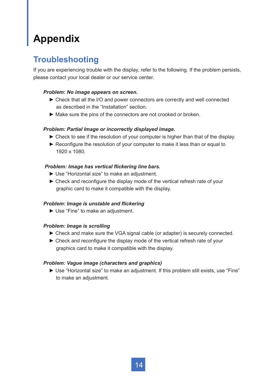 Appendix, Troubleshooting | Planar Systems PT2245PW 21.5" Multi-Touch Specialty Monitor User Manual | Page 19 / 29