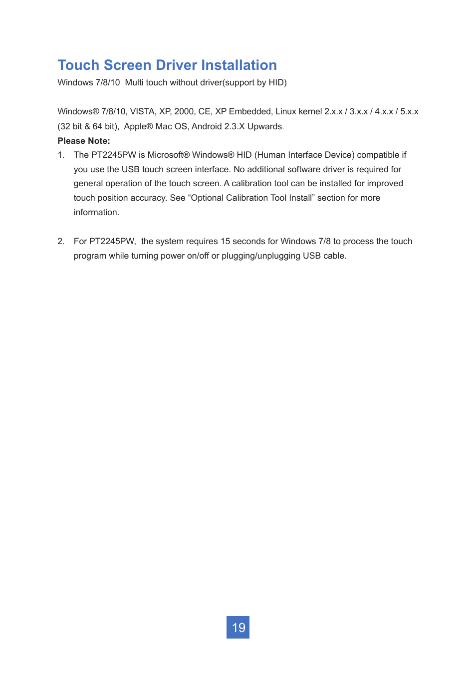 Touch screen driver installation | Planar Systems PT2245PW 21.5" Multi-Touch Specialty Monitor User Manual | Page 24 / 29