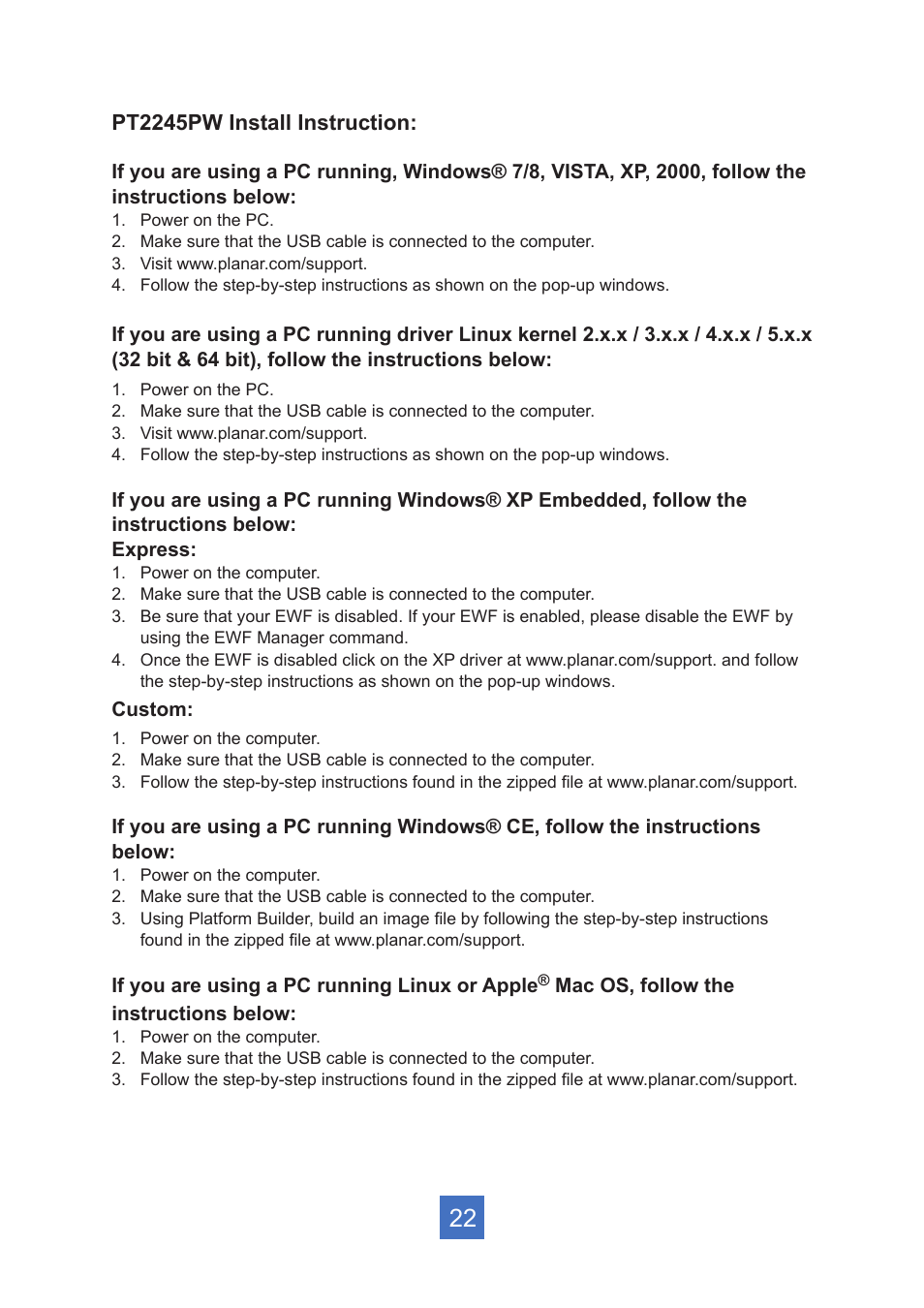 Pt2245pw install instruction | Planar Systems PT2245PW 21.5" Multi-Touch Specialty Monitor User Manual | Page 27 / 29