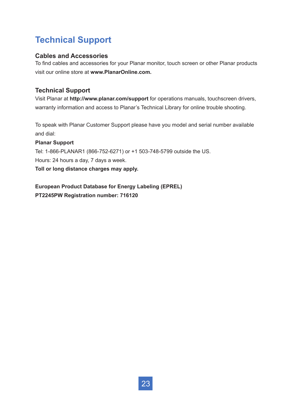 Technical support | Planar Systems PT2245PW 21.5" Multi-Touch Specialty Monitor User Manual | Page 28 / 29