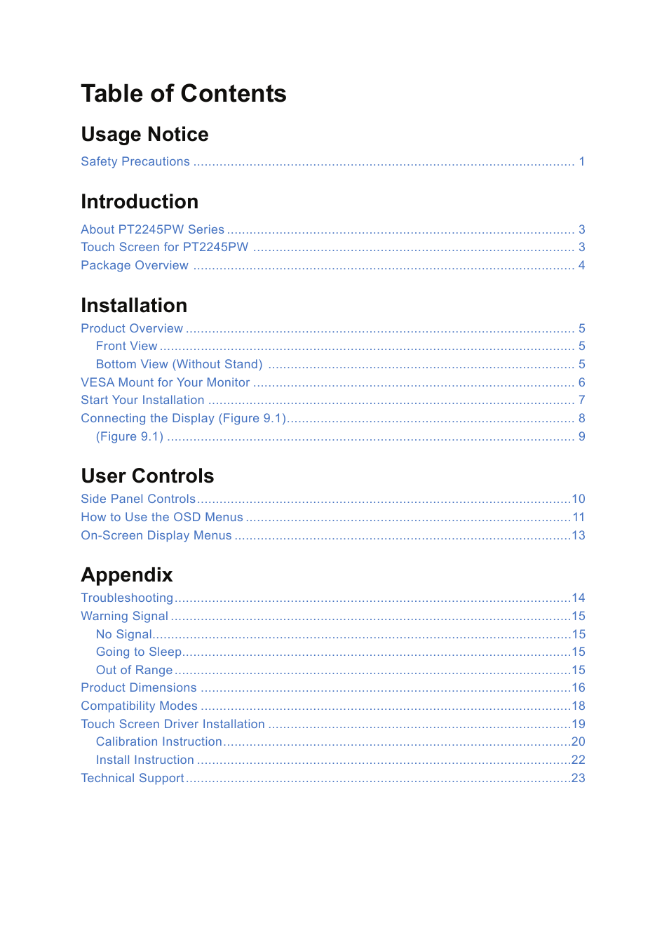 Planar Systems PT2245PW 21.5" Multi-Touch Specialty Monitor User Manual | Page 5 / 29