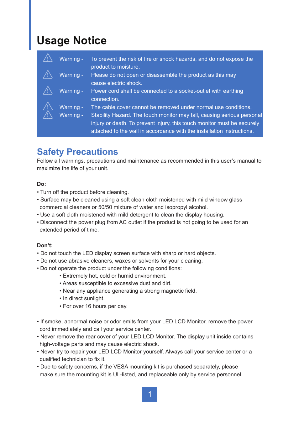 Usage notice, Safety precautions | Planar Systems PT2245PW 21.5" Multi-Touch Specialty Monitor User Manual | Page 6 / 29