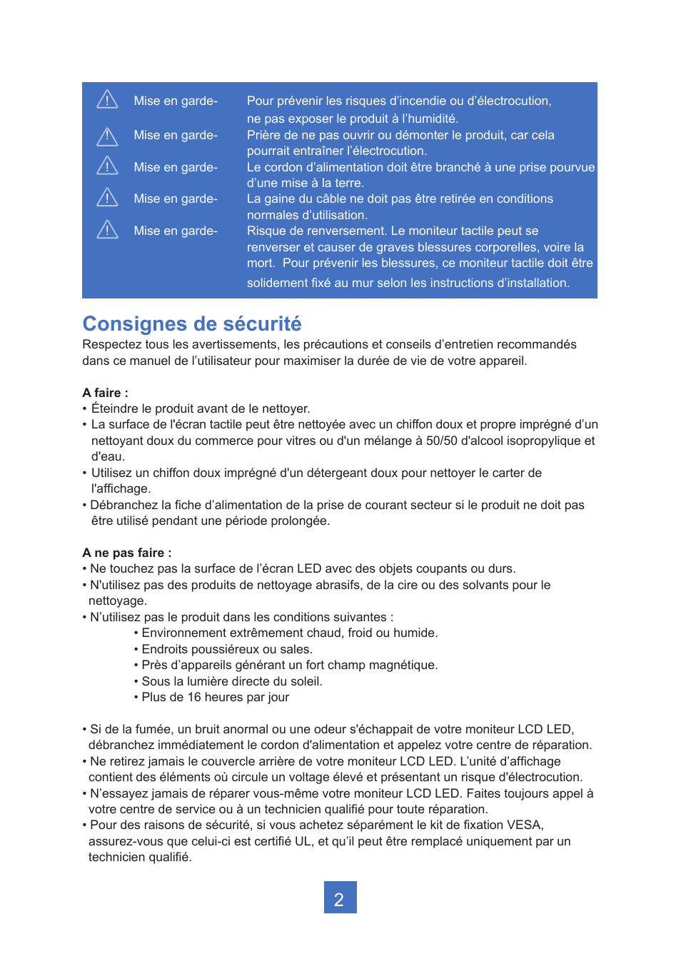 Consignes de sécurité | Planar Systems PT2245PW 21.5" Multi-Touch Specialty Monitor User Manual | Page 7 / 29