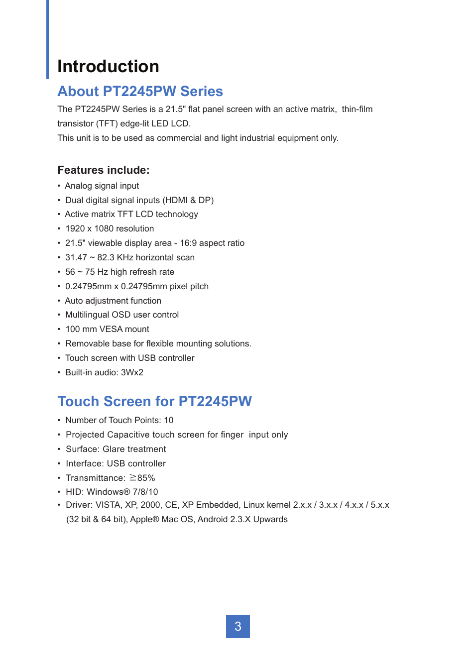 Introduction, About pt2245pw series, Touch screen for pt2245pw | Planar Systems PT2245PW 21.5" Multi-Touch Specialty Monitor User Manual | Page 8 / 29
