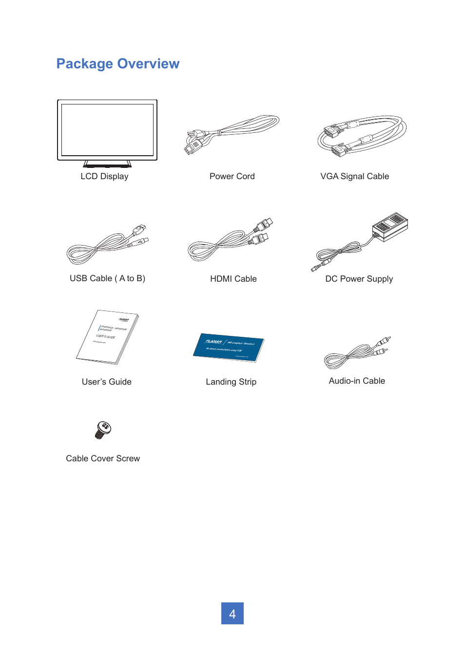 Package overview | Planar Systems PT2245PW 21.5" Multi-Touch Specialty Monitor User Manual | Page 9 / 29