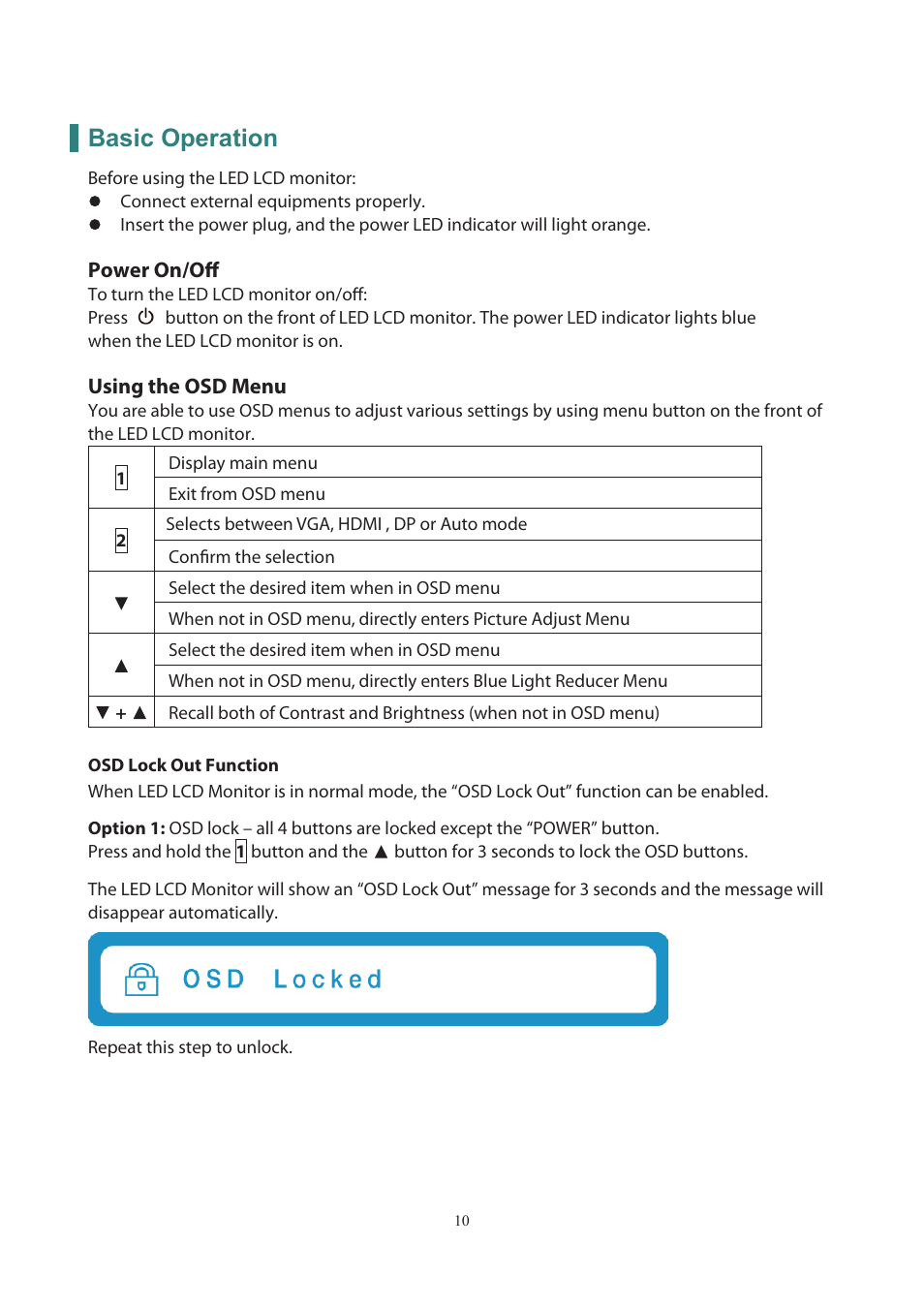 Basic operation | Planar Systems PXN2200 21.5" 16:9 IPS Monitor User Manual | Page 12 / 22