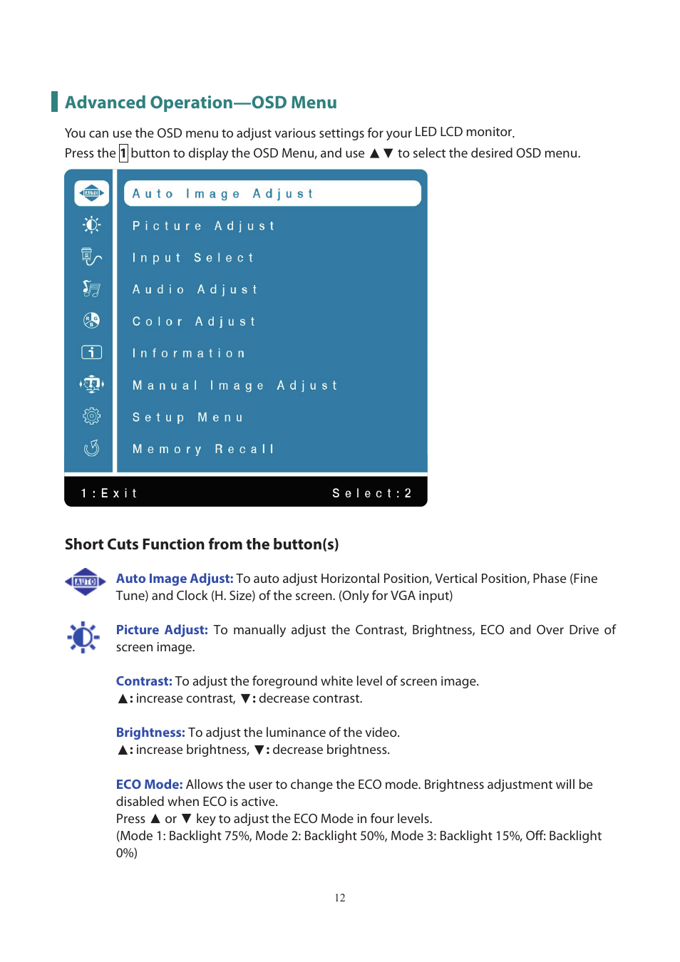 Advanced operation—osd menu | Planar Systems PXN2200 21.5" 16:9 IPS Monitor User Manual | Page 14 / 22
