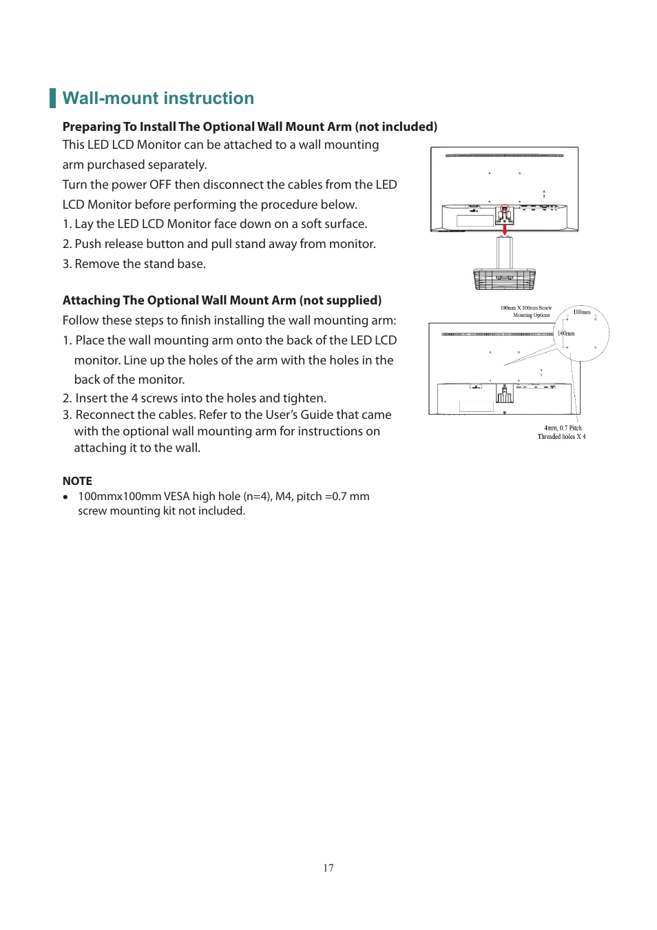 Wall-mount instruction | Planar Systems PXN2200 21.5" 16:9 IPS Monitor User Manual | Page 19 / 22