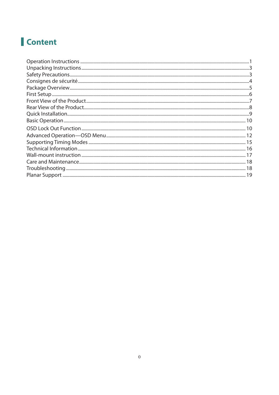 Content | Planar Systems PXN2200 21.5" 16:9 IPS Monitor User Manual | Page 2 / 22