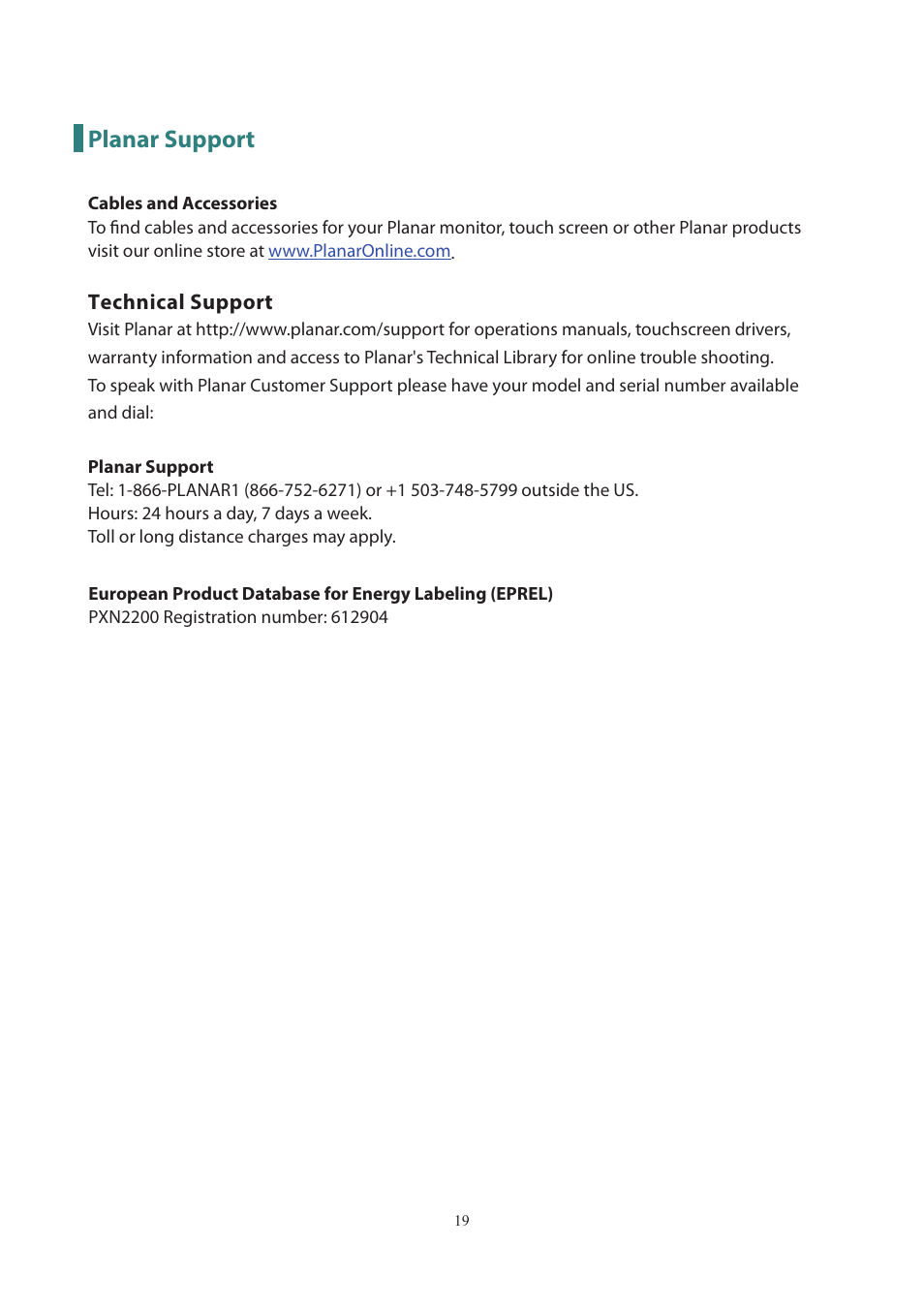 Planar support | Planar Systems PXN2200 21.5" 16:9 IPS Monitor User Manual | Page 21 / 22