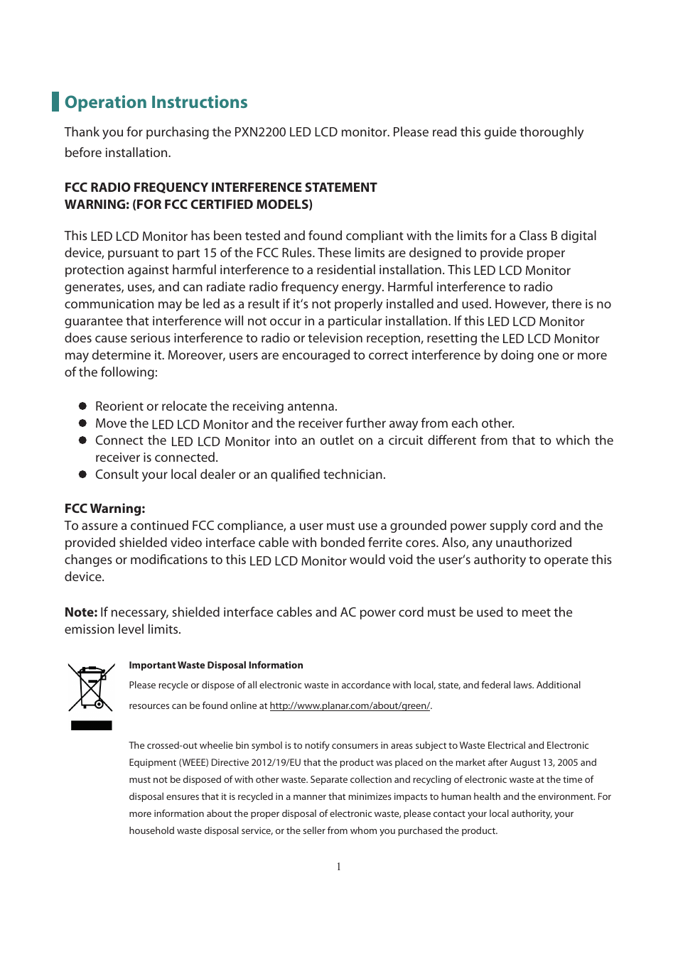 Operation instructions | Planar Systems PXN2200 21.5" 16:9 IPS Monitor User Manual | Page 3 / 22
