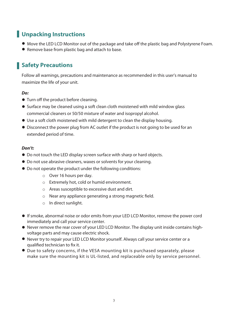 Unpacking instructions, Safety precautions | Planar Systems PXN2200 21.5" 16:9 IPS Monitor User Manual | Page 5 / 22