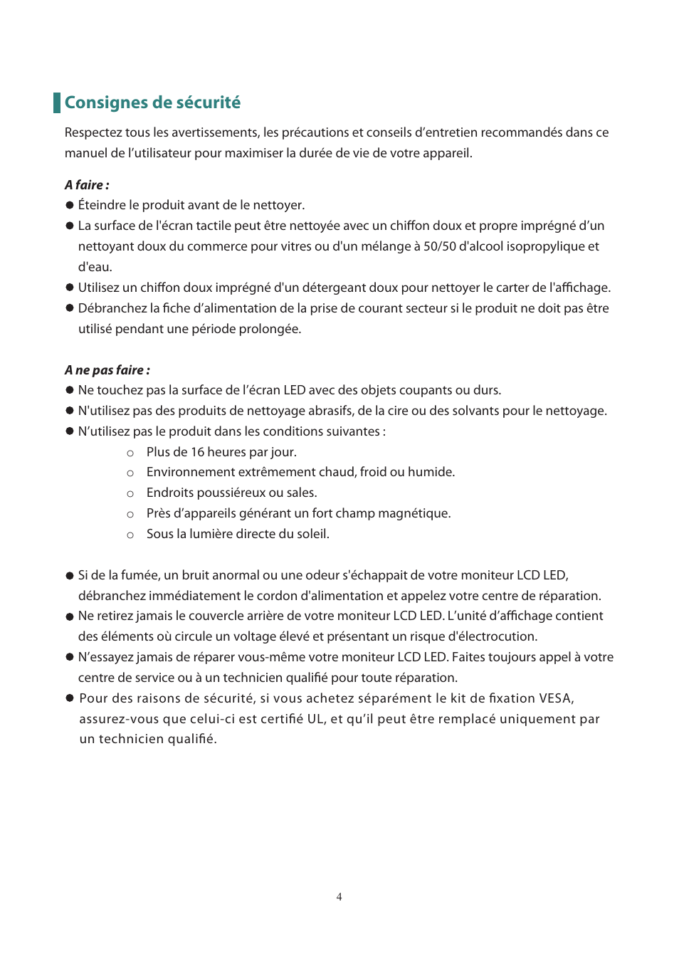 Consignes de sécurité | Planar Systems PXN2200 21.5" 16:9 IPS Monitor User Manual | Page 6 / 22