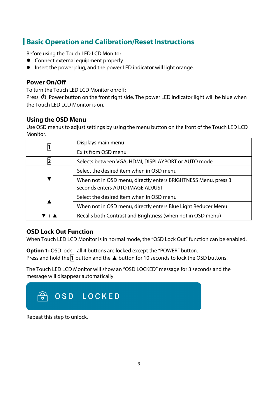 Basic operation and calibration/reset instructions, Power on/off, Using the osd menu | Osd lock out function | Planar Systems PCT2235 22" 16:9 Multi-Touch LCD Monitor User Manual | Page 11 / 21